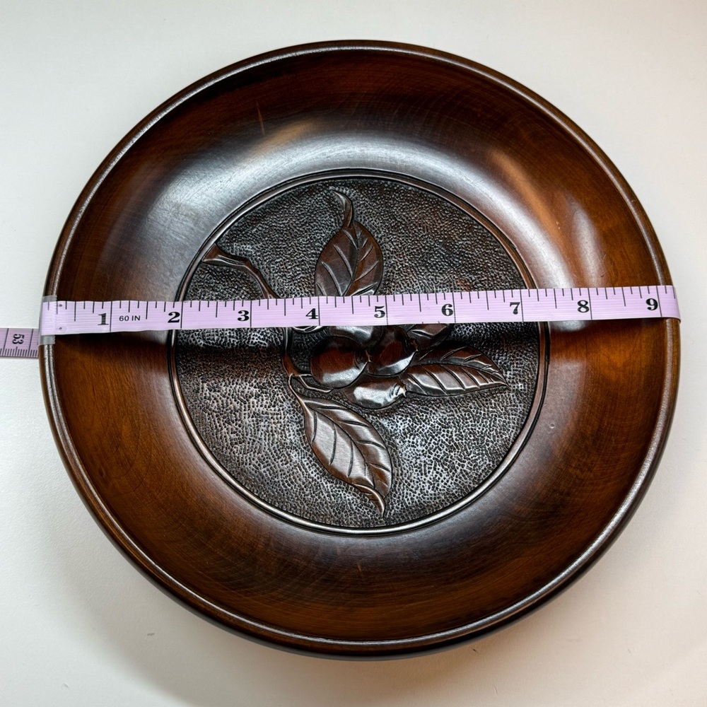 Vintage Folk Art Japanese Mid Century Intricate Laquared Hand Carved Wood Plate - Picture 9 of 12